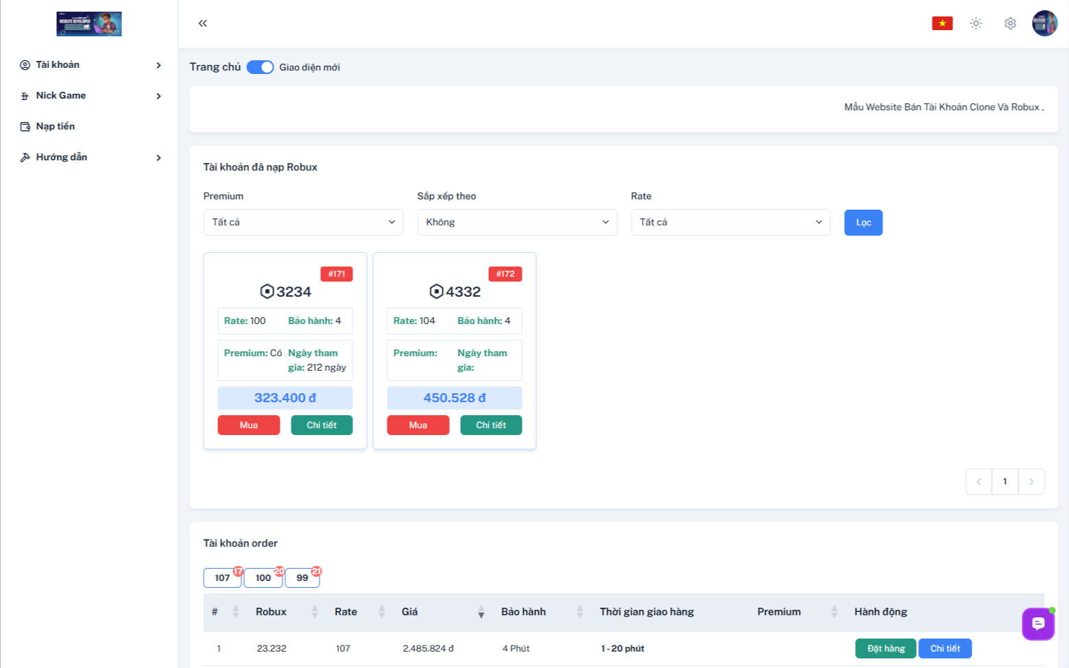 Website bán robux, order robux và bán acc game tùy chọn, tự động qua card, atm